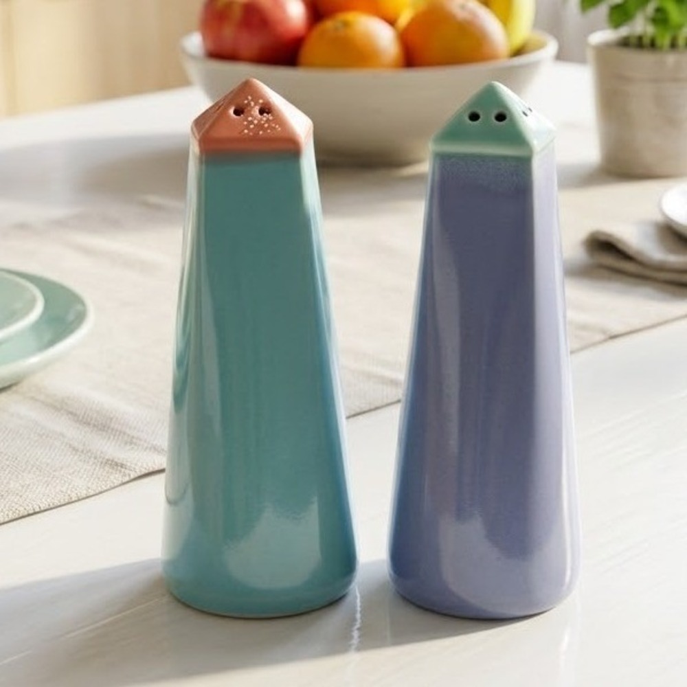 Vintage Lindt Ceramic Tapered Salt Pepper Shakers Pastel Geometric Obelisk